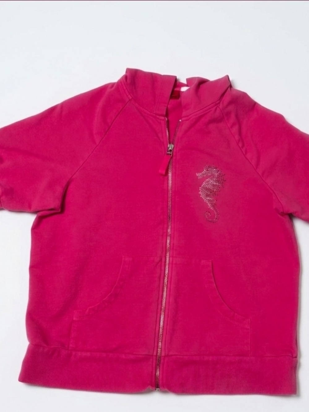 Women's Hot Pink Zip Short Sleeve Hoodie with Sequin Seahorse